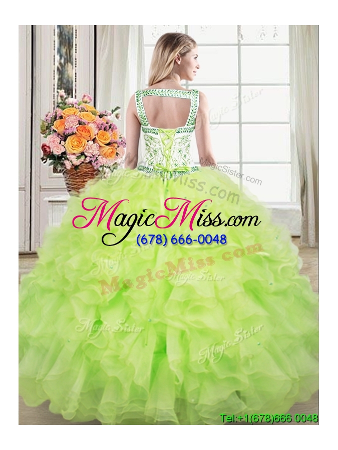 wholesale popular straps organza ruffled and beaded quinceanera dress in yellow green