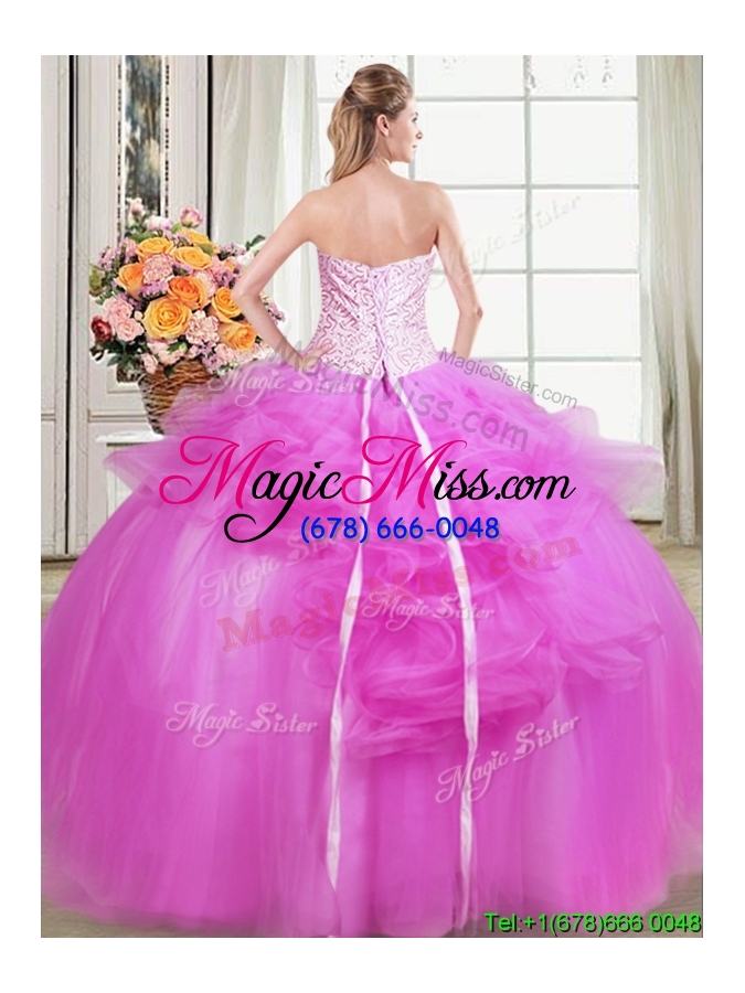 wholesale brand new puffy strapless tulle beaded applique and ruffles quinceanera dress in fuchsia