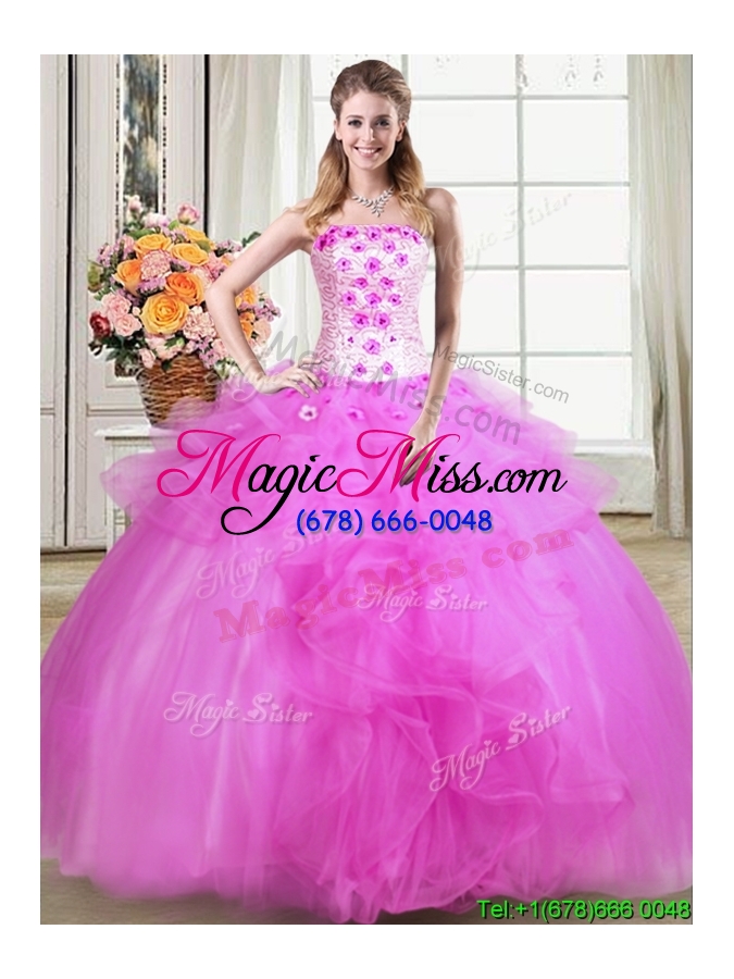 wholesale brand new puffy strapless tulle beaded applique and ruffles quinceanera dress in fuchsia