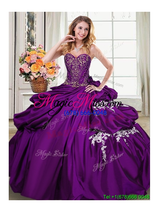 wholesale modern beaded bodice applique and bubble taffeta purple quinceanera dress