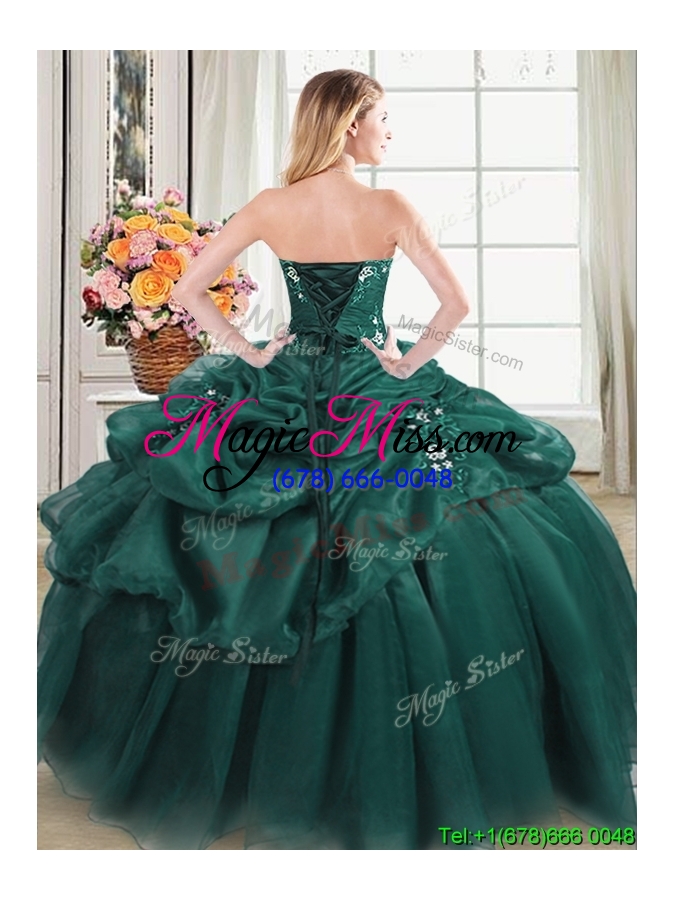 wholesale discount applique and bubble dark green quinceanera dress in organza
