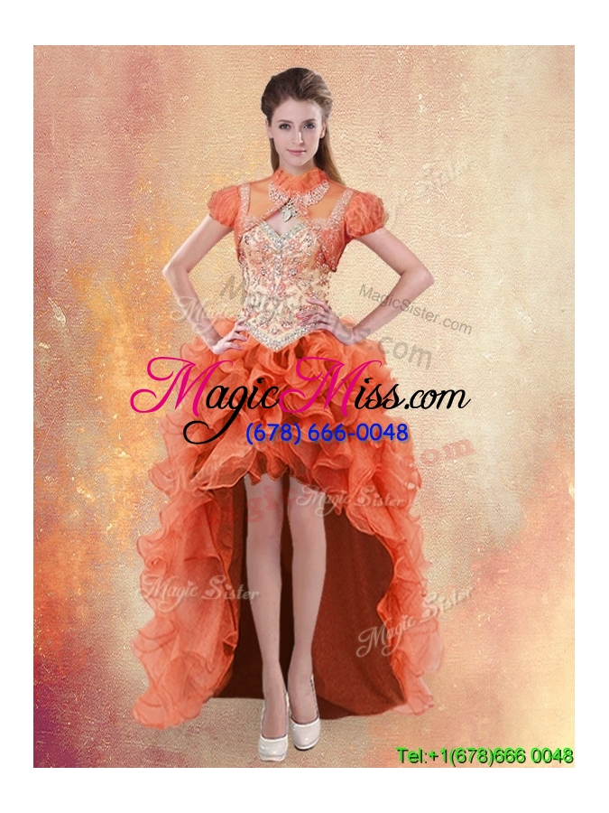wholesale wonderful brush train orange red quinceanera dress with beading and ruffles