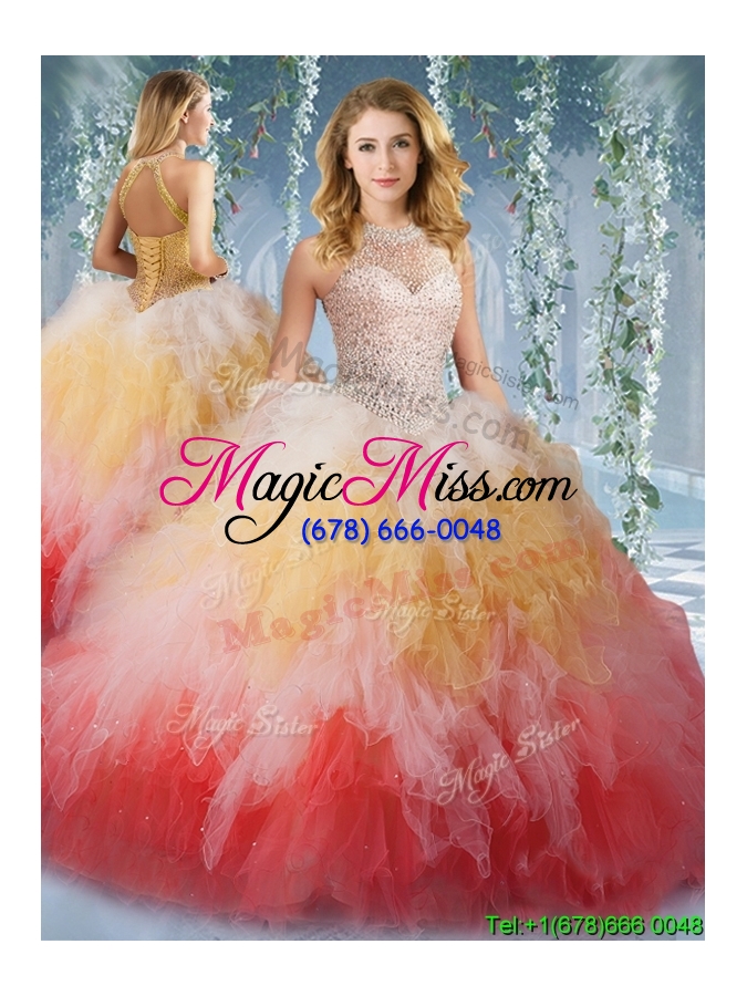 wholesale cheap see through halter top tulle detachable quinceanera dresses in gradient color