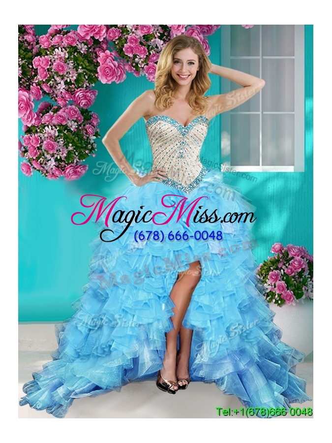 wholesale luxurious beaded and ruffled baby blue removable quinceanera dresses with brush train