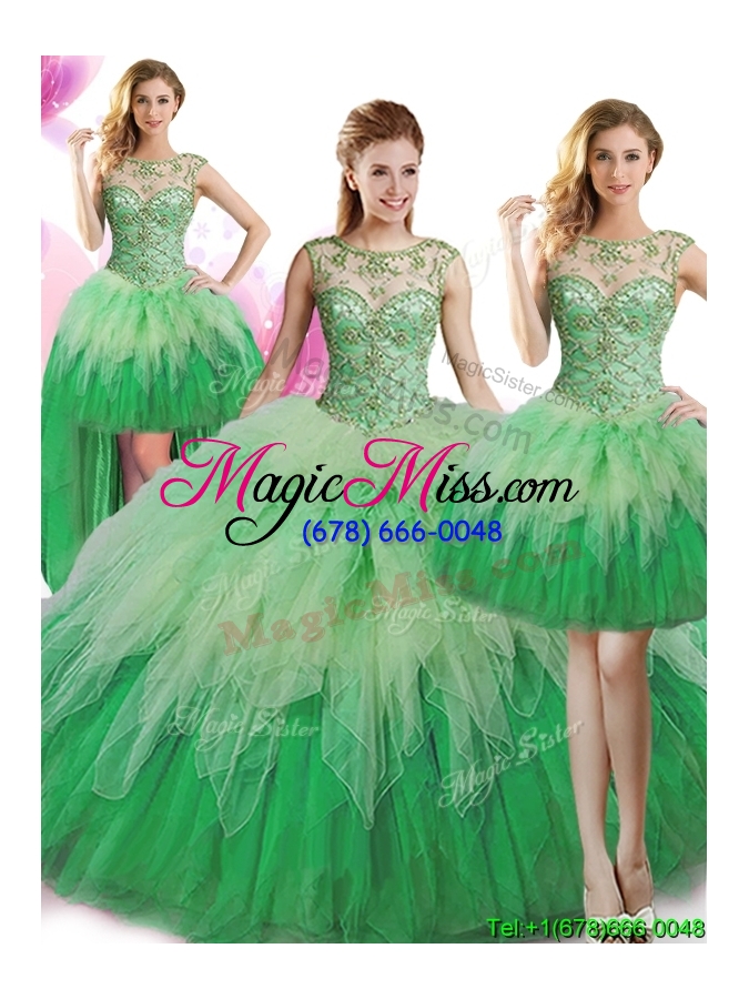 wholesale latest puffy skirt green detachable quinceanera dresses with beading and ruffles
