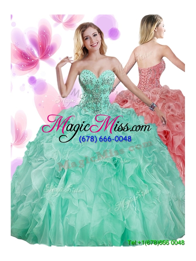 wholesale elegant puffy skirt turquoise removable quinceanera dresses with beading and ruffles