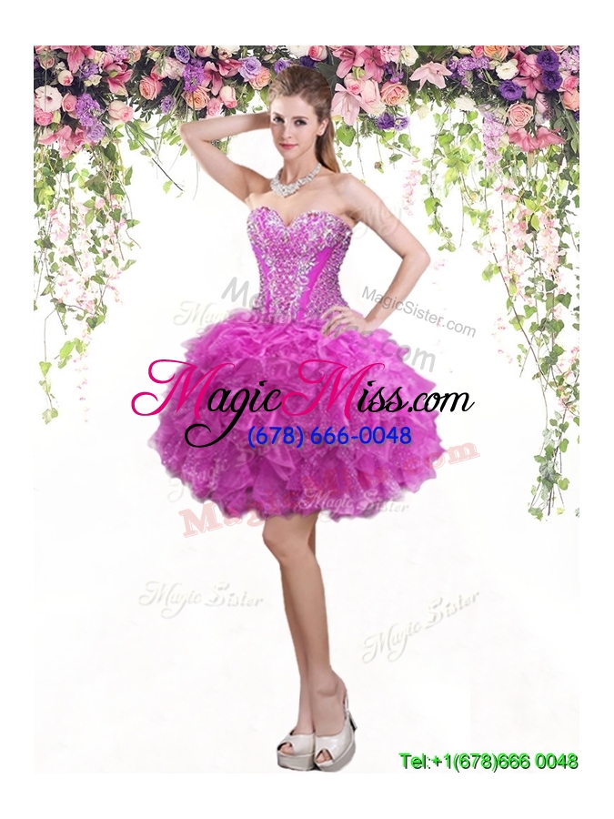 wholesale pretty beaded bodice and ruffled fuchsia detachable quinceanera dresses in tulle