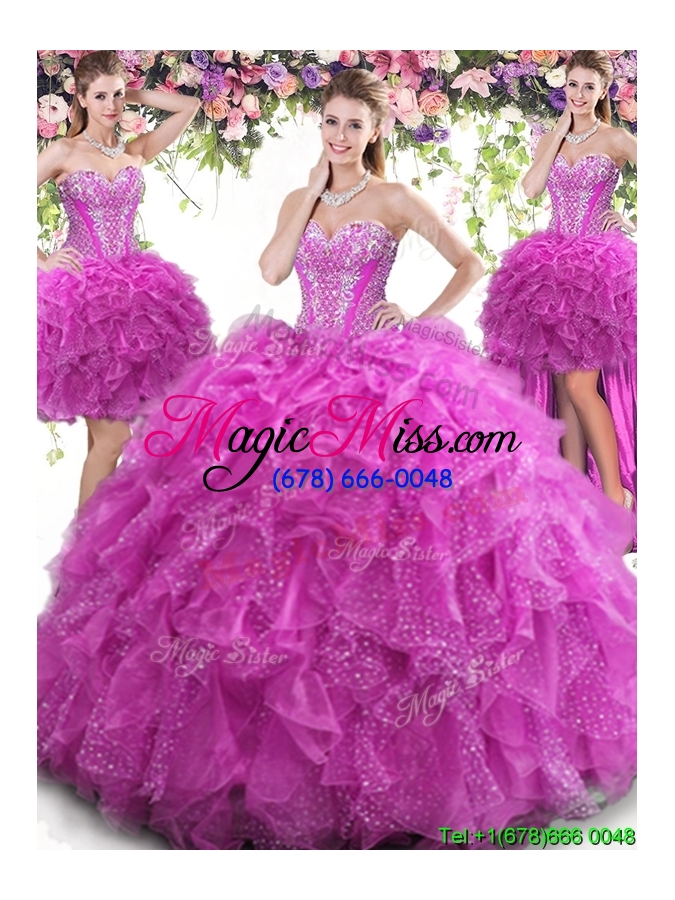 wholesale pretty beaded bodice and ruffled fuchsia detachable quinceanera dresses in tulle