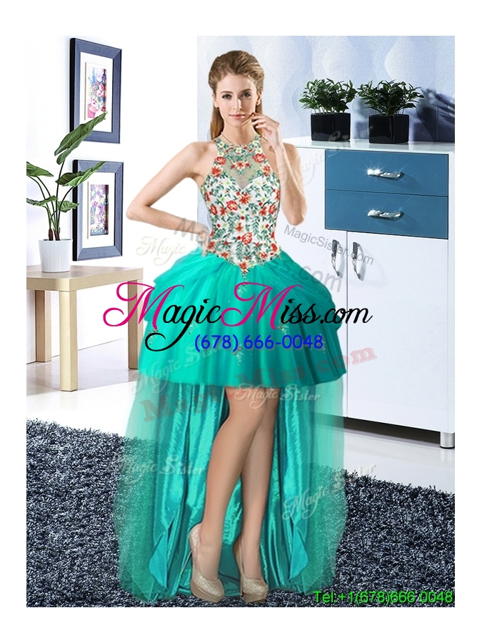 wholesale exquisite three for one halter top embroideried tulle quinceanera dresses in turquoise