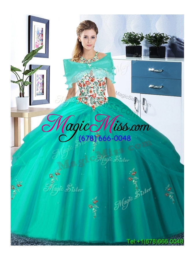 wholesale exquisite three for one halter top embroideried tulle quinceanera dresses in turquoise