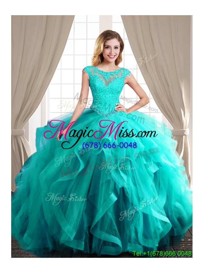 wholesale modest cap sleeves brush train tulle detachable quinceanera dresses in turquoise