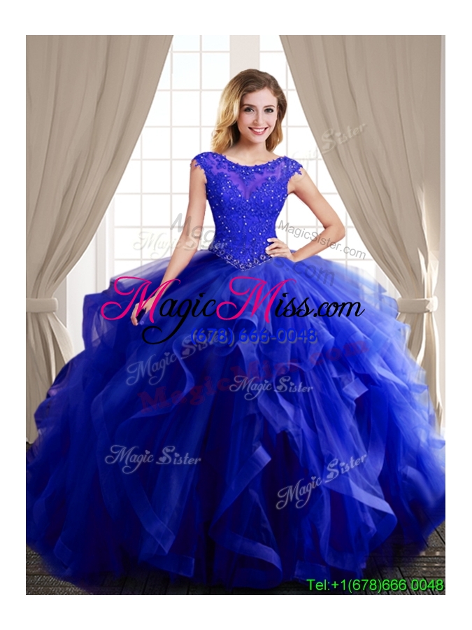 wholesale elegant see through scoop royal blue detachable quinceanera dresses with brush train