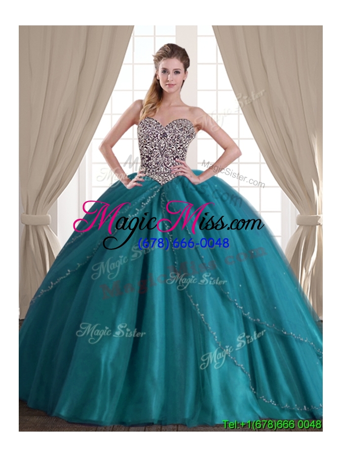 wholesale affordable big puffy brush train teal removable quinceanera dresses with beading