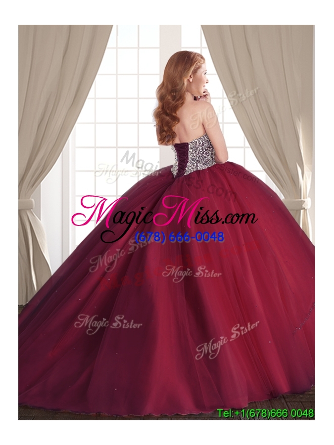 wholesale fashionable burgundy brush train tulle detachable quinceanera dresses with beading