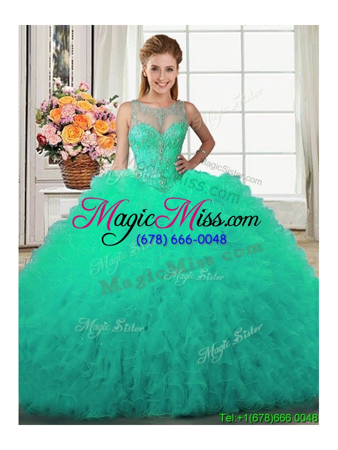 wholesale fashionable beaded and ruffled scoop turquoise quinceanera dress in tulle