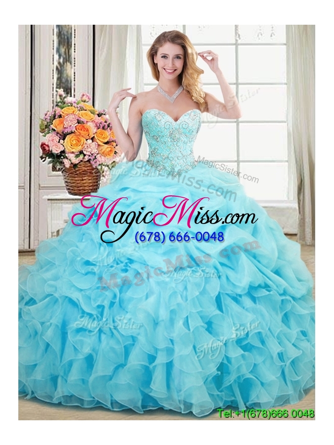 wholesale lovely aqua blue organza quinceanera gown with ruffles and beading