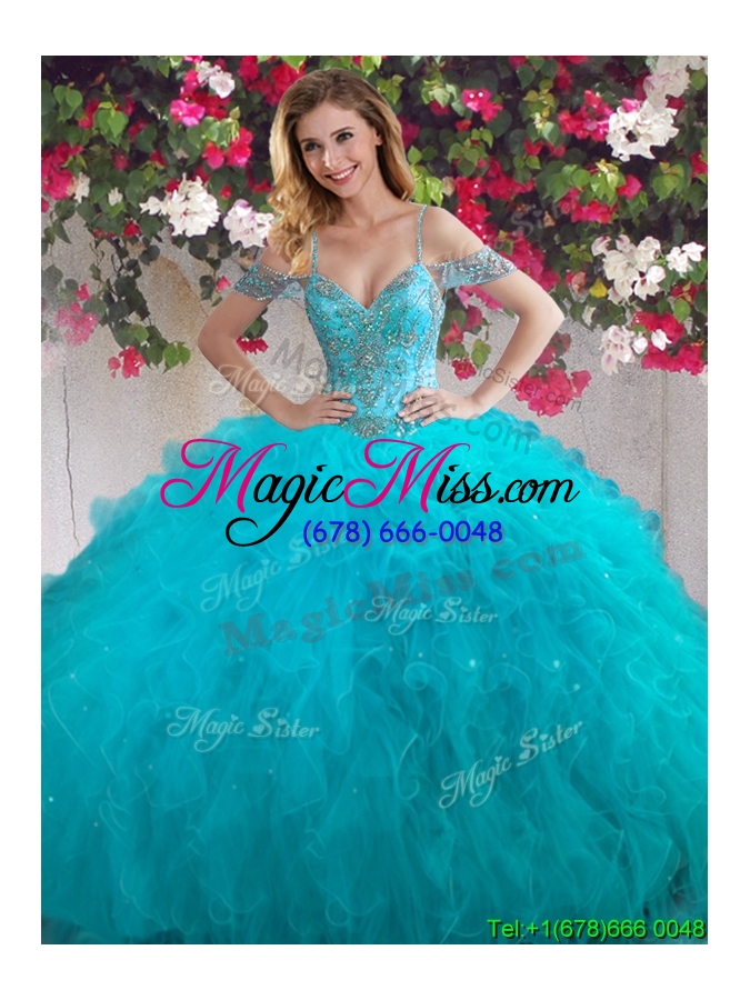 wholesale beautiful three-piece off the shoulder beaded and ruffled quinceanera dresses in teal