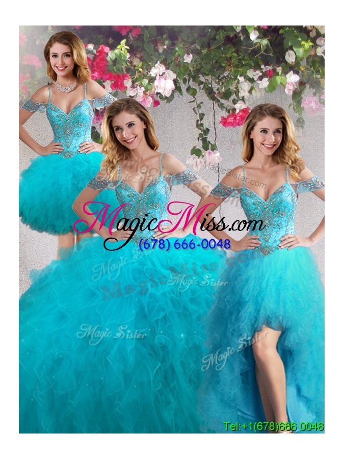 wholesale beautiful three-piece off the shoulder beaded and ruffled quinceanera dresses in teal