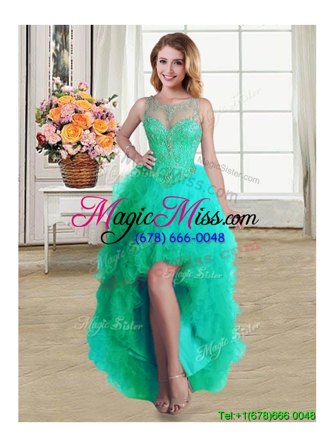 wholesale wonderful beaded and ruffled tulle scoop removable quinceanera dresses in turquoise