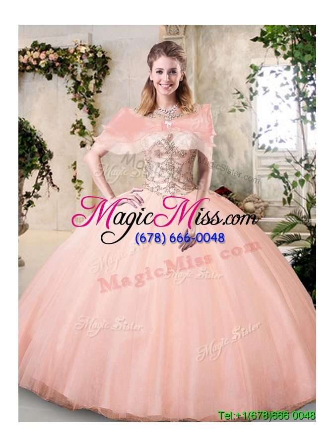 wholesale discount see through scoop big puffy detachable quinceanera dresses in peach