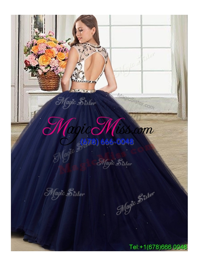 wholesale gorgeous two piece scoop navy blue removable quinceanera gowns with brush train