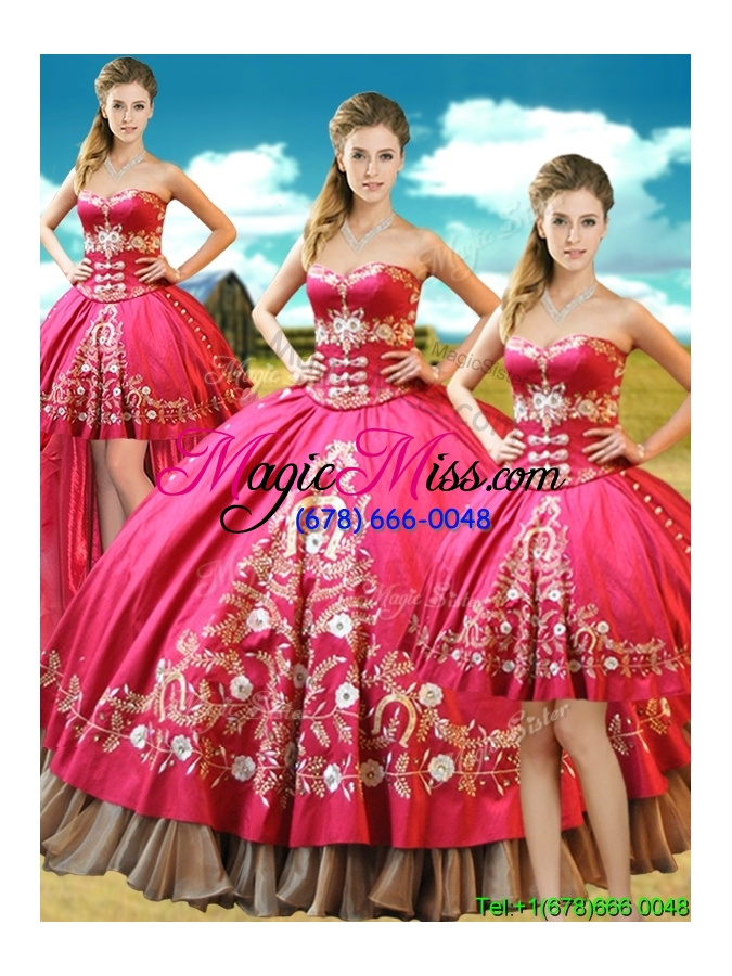 wholesale hot sale taffeta hot pink detachable quinceanera dresses with embroidery and beading