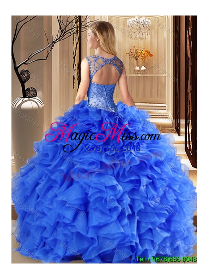 wholesale cheap see through scoop royal blue quinceanera dress with beading and ruffles
