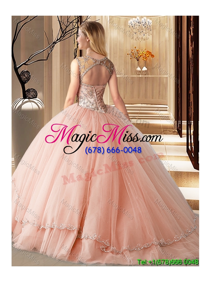 wholesale popular see through brush train beaded quinceanera dress in watermelon red