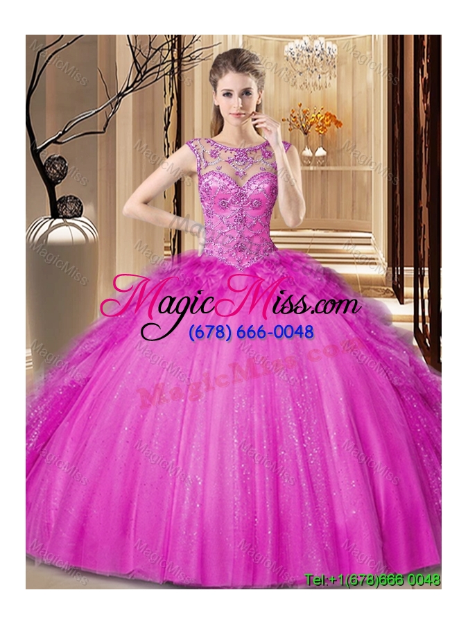 wholesale new style beaded and ruffled fuchsia quinceanera dress in tulle and sequins