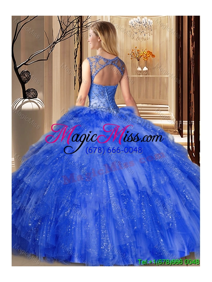 wholesale new style beaded and ruffled fuchsia quinceanera dress in tulle and sequins
