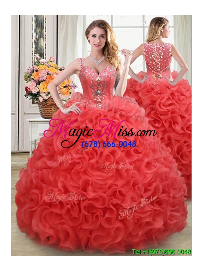 wholesale luxurious see through rolling flowers coral red detachable quinceanera dresses with beading and ruffles