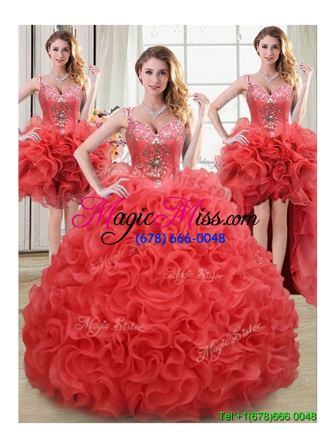 wholesale luxurious see through rolling flowers coral red detachable quinceanera dresses with beading and ruffles