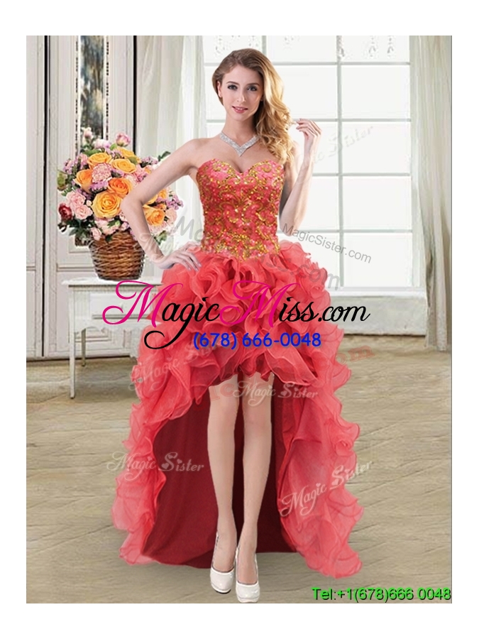 wholesale unique puffy sweetheart beaded and ruffled coral red detachable quinceanera dress in organza