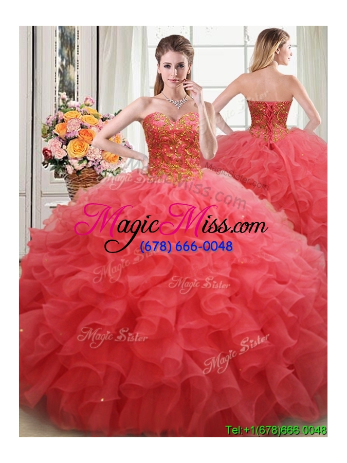 wholesale unique puffy sweetheart beaded and ruffled coral red detachable quinceanera dress in organza