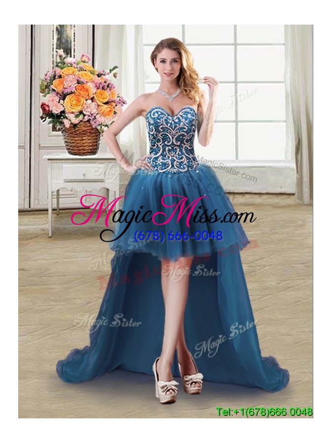 wholesale pretty puffy sweetheart tulle beaded bodice detachable quinceanera dress in teal