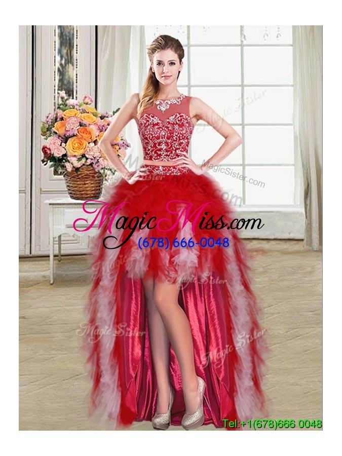 wholesale two piece see through scoop beaded detachable quinceanera dress in red and white