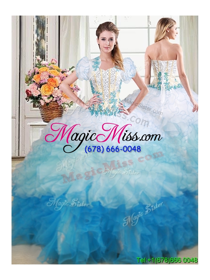 wholesale perfect sweetheart brush train applique and beaded ruffled detachable quinceanera dress in multi color
