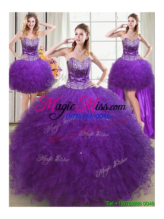 wholesale unique puffy sweetheart beaded and ruffled detachable quinceanera dress in eggplant purple