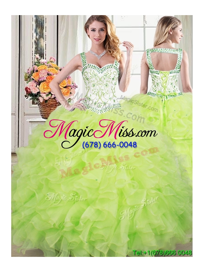 wholesale two for one straps ruffled and beaded yellow green detachable quinceanera dress in organza