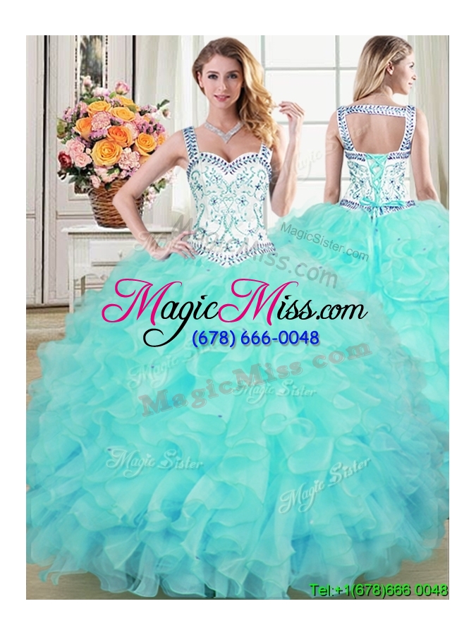 wholesale discount two for one puffy ruffled and beaded detachable quinceanera dress in aqua blue