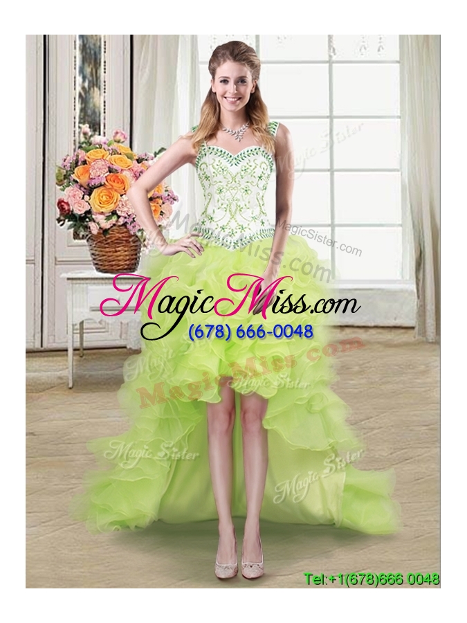 wholesale wonderful straps ruffled and beaded yellow green detachable quinceanera dress in organza