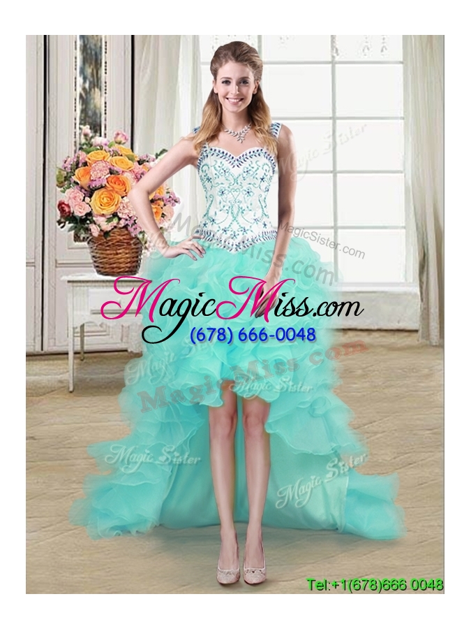 wholesale affordable puffy ruffled and beaded aqua blue detachable quinceanera dress with straps