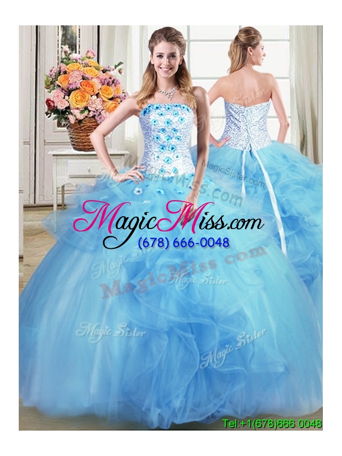 wholesale puffy beaded appliques and ruffles light blue detachable quinceanera dress in tulle