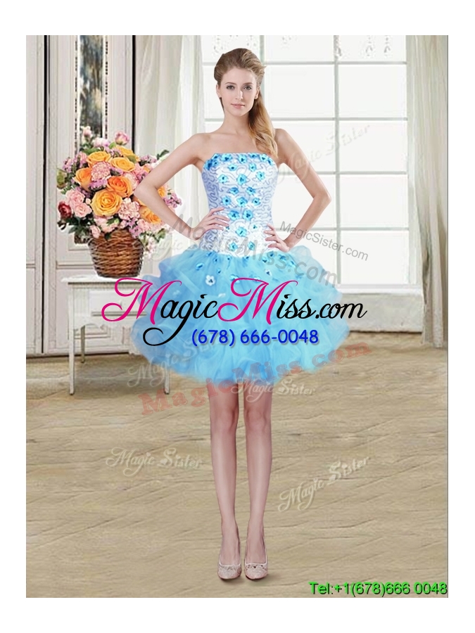 wholesale puffy beaded appliques and ruffles light blue detachable quinceanera dress in tulle