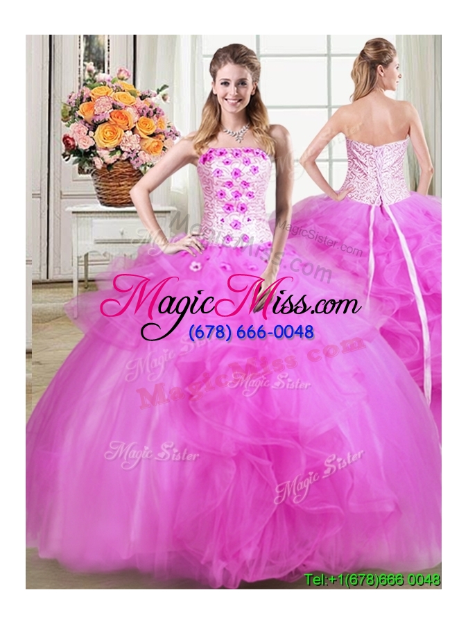 wholesale two for one puffy beaded applique and ruffled detachable quinceanera dress in fuchsia
