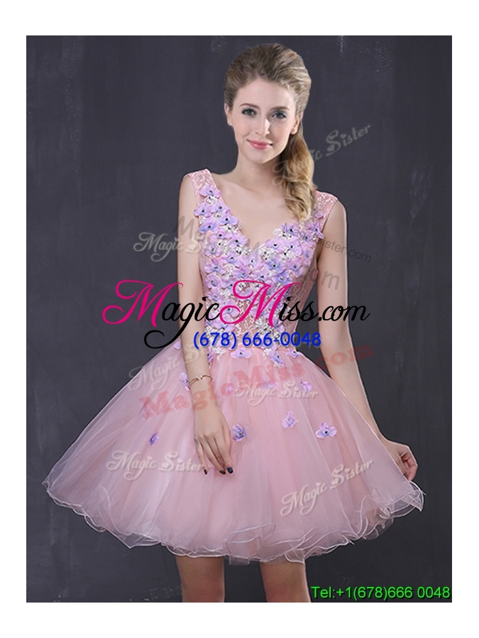wholesale princess v neck pink short prom dress with handcraft and lace