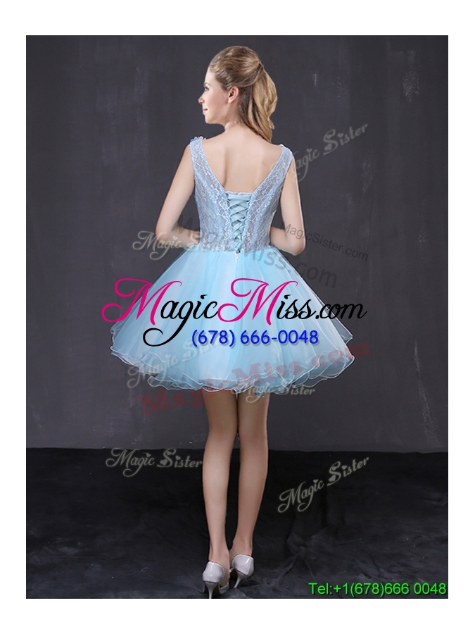 wholesale beautiful a line v neck organza handcrafted flowers short prom dress in light blue