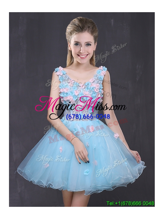 wholesale beautiful a line v neck organza handcrafted flowers short prom dress in light blue