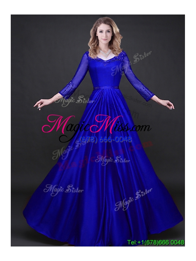 wholesale lovely royal blue v neck long sleeves prom dress in elastic woven satin