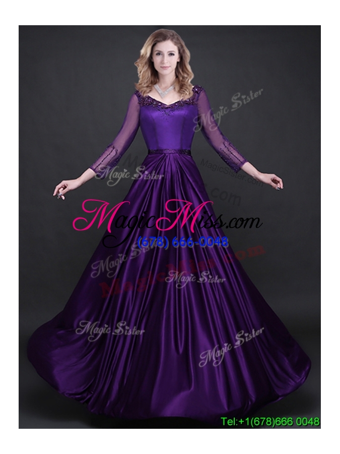 wholesale pretty purple v neck long sleeves prom dress in elastic woven satin